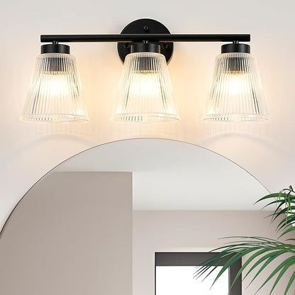 OCIOC Black Bathroom Vanity Lights, 3-Light Modern Bathroom Light Fixtures with Striped Glass Shade, Bathroom Wall Lamp over Mirror, for Living Room, Bedroom, Hallway,Cabinet Porch