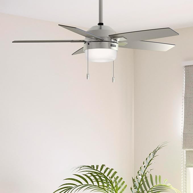 Hunter Ceiling Fan with LED Light - Black Ceiling Fan with Pull Chain, For Bedroom or Living Room, Standard Mount, No Remote, 5 Blades, Includes Bulbs - Anisten (Brushed Nickel, 52 inch)