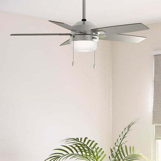 Hunter Ceiling Fan with LED Light - Black Ceiling Fan with Pull Chain, For Bedroom or Living Room, Standard Mount, No Remote, 5 Blades, Includes Bulbs - Anisten (Brushed Nickel, 52 inch)