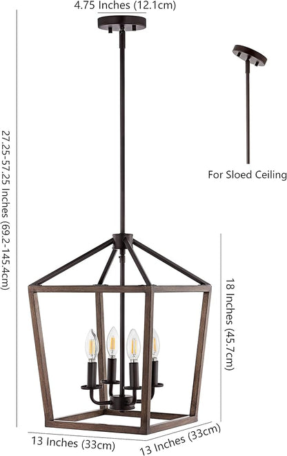 JONATHAN Y 13" Oil Rubbed Bronze/Faux Wood 4-Light Farmhouse Lantern Pendant Light, LED Cage Chandelier for Kitchen Island, Foyer, Entry, Metal Wood Finish Shade, Bulbs Included (JYL1322A)