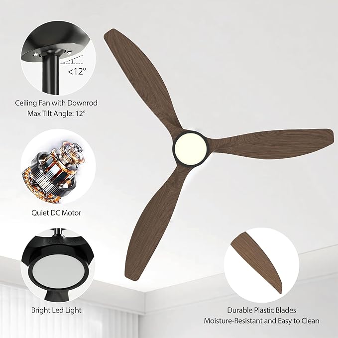 Roomratv Ceiling Fans with Lights and Remote Control,Quiet Noiseless Reversible DC Motor,6 Speeds,Timers, 3 CCT, Indoor Use, Plastic Blades,52 Inch Black Wood Grain Modern Ceiling Fan for Living Room