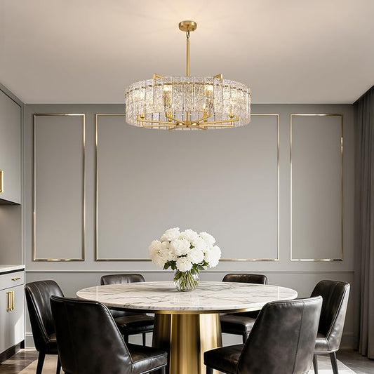 31.5" Modern Water Ripple Glass Chandeliers, Luxury 8-Light Round Drum Chandelier, Large Gold Pendant Lighting Fixtures for Living Room Dining Room Bedroom Hotel