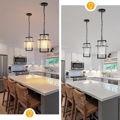 Modern Black Pendant Lights Kitchen Island, Crystal Kitchen Island Lighting with Water Ripple Glass Pendant Light Fixtures Elegant Chandeliers for Dining Room Hallway, Height Adjustable UL Listed