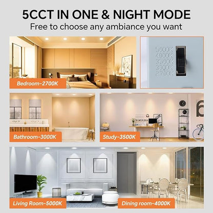 Simple Deluxe 12 Pack 6 Inch 5CCT Recessed Light with Night Light,Canless LED Recessed Lighting 6 inch,2700K-5000K Selectable,12W=130W,1080LM Dimmable Recessed Ceiling Wafer Light,ETL Certificated