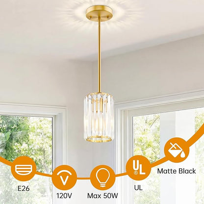 Gold Pendant Light, Modern Crystal Pendant Lights Kitchen Island, Kitchen Island Lighting with Adjustable Height, UL Certified Island Lights for Kitchen Dining Room Bedroom Hallway 1 Pack