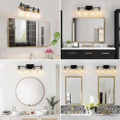 Modern Black & Gold Vanity Lights - 4 Light for Bathroom Over Mirror, Vintage Sconce with Clear Glass Shade