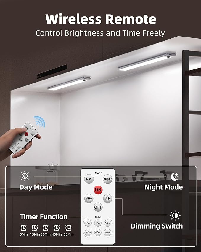 EZVALO Under Cabinet Lights, 14.5'' Motion Sensor Light Indoor Dimmable, 4000mAh Rechargeable Closet Lights 5700K with Remote Control, Wireless Under Counter Light for Kitchen,Cabinet,Bedroom（4Pcs）