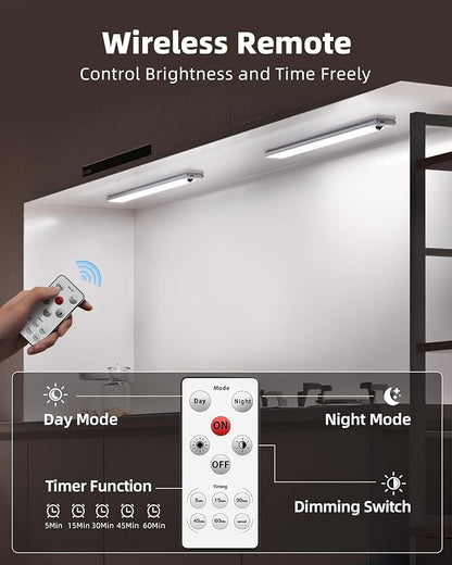 EZVALO Under Cabinet Lights, 14.5'' Motion Sensor Light Indoor Dimmable, 4000mAh Rechargeable Closet Lights 5700K with Remote Control, Wireless Under Counter Light for Kitchen,Cabinet,Bedroom（4Pcs）