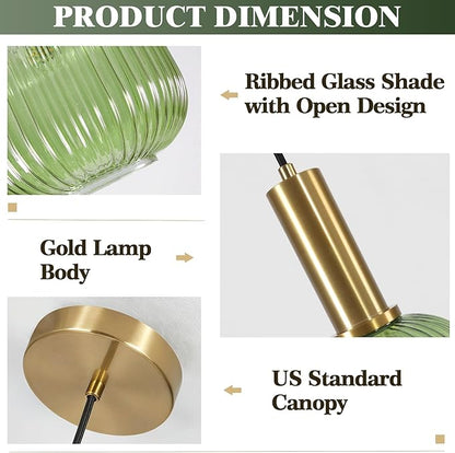 KCO Lighting Vintage Green Glass Pendant Light Kitchen Island Lighting Farmhouse Ribbed Glass Pendant Lighting Large Globe Pendant Light Fixture Brass Gold Single Ceiling Hanging Light