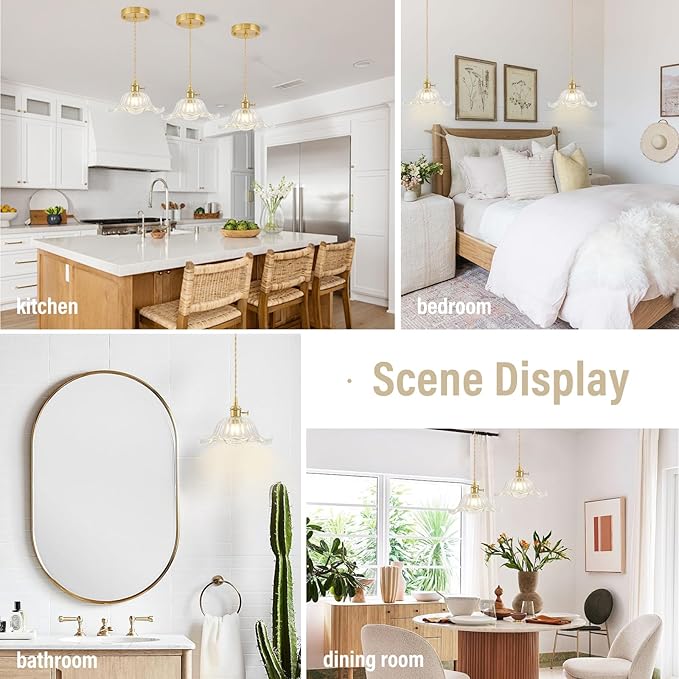 Vintage Pendant Lights Kitchen Island 3 Pack, Adjustable Pendant Light Fixtures with Transparent Lily Glass Lampshade, Gold Kitchen Pendant Lighting Over Island, Pendant Light for Dining Room Hallway