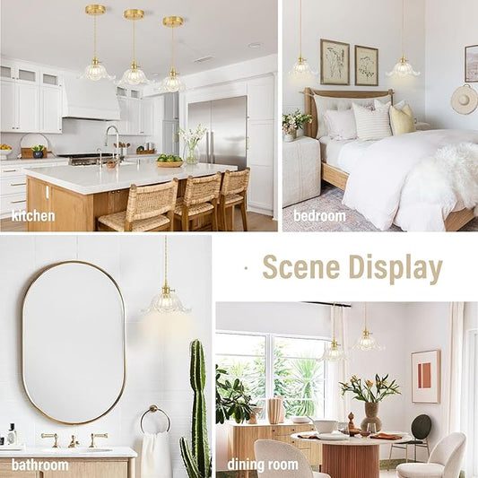 Vintage Pendant Lights Kitchen Island 3 Pack, Adjustable Pendant Light Fixtures with Transparent Lily Glass Lampshade, Gold Kitchen Pendant Lighting Over Island, Pendant Light for Dining Room Hallway