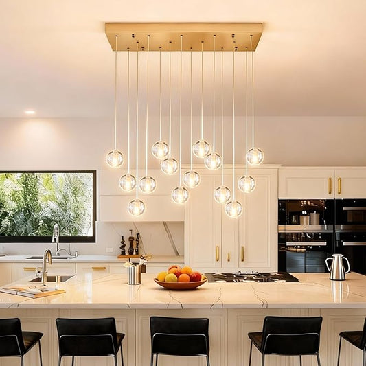 14 Lights Gold Raindrop Rectangle Chandelier, Modern Bubble Crystal Chandelier for Dining Room, Large Pendant Light for High Ceilings Staircase Foyer Entryway Living Room Kitchen Island