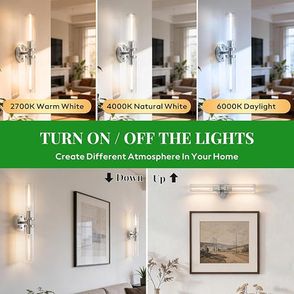 Wall Sconces 2-Pack, Hardwired Bathroom Light Fixtures, Modern Farmhouse Vanity Wall Lighting with Clear Glass Shades, E26 Base Wall Sconce Wall Lights for Bathroom Wall Decor, Brushed Nickel