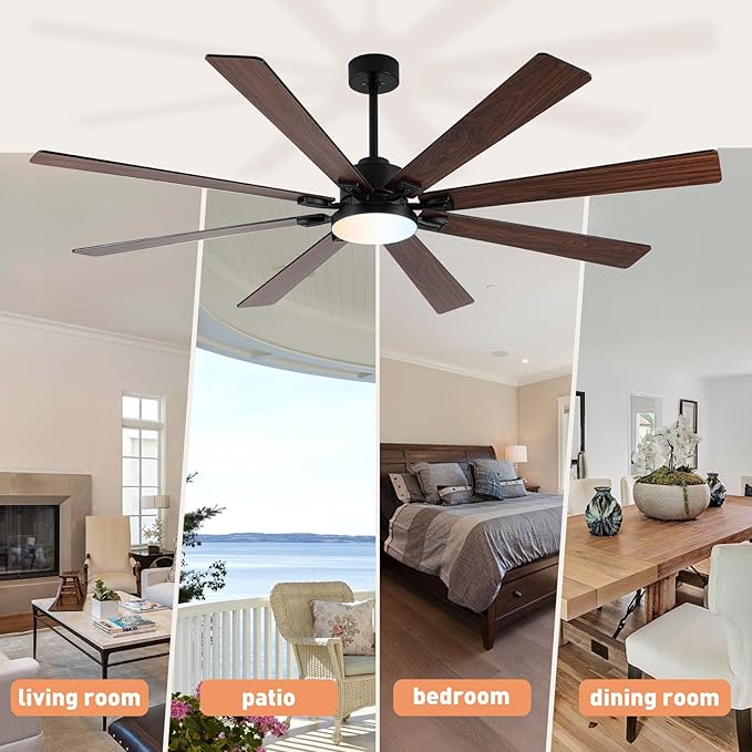 Minislak 72 Large Smart Ceiling Fan with Lights and Remote,Black Indoor & Outdoor Ceiling Fan for Living Room,Patio,6 Speed,Quiet DC Motor,3CCT,8 Wooden Blades