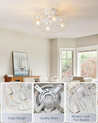Farmhouse Ceiling Fan with Lights and Remote, 18 inch Low Profile Flush Mount Industrial Ceiling Fan Chandelier, Rustic Enclosed Fan Light for Kitchen Dining Room Bedroom