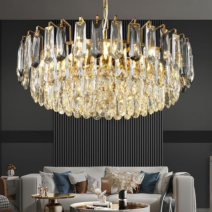 23.6" Modern Crystal Chandelier Gold 3-Tier Luxury Pendant Light Gold Plated Ceiling Pendant Lighting for Dinning Room Living Room Foyer