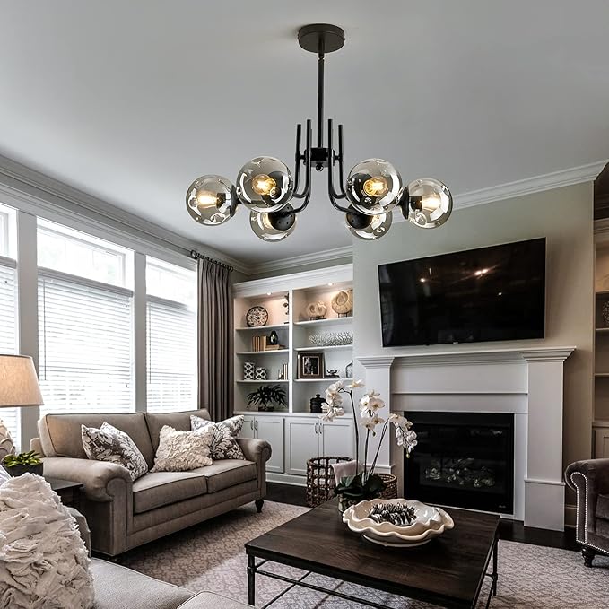 hesoge 6-Lights Glass Globe Sputnik Chandeliers Modern Metal Ceiling Light Fixture Black Semi Flush Mount Chandelier for Living Room Dining Room Bedroom Farmhouse Kitchen.