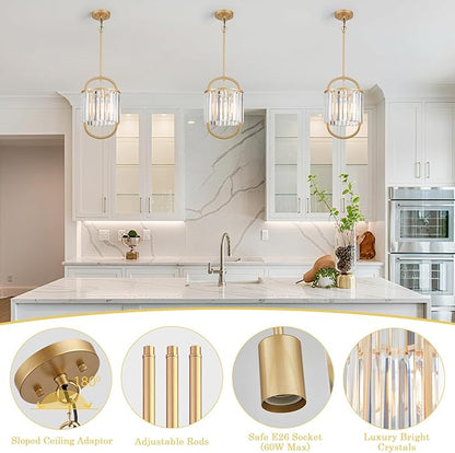 1-Light Modern Small Crystal Chandelier, Mini Gold Pendant Lighting 9.4" Crystal Lamp for Closet Bedroom Foyer Living Room Dining Room Bar