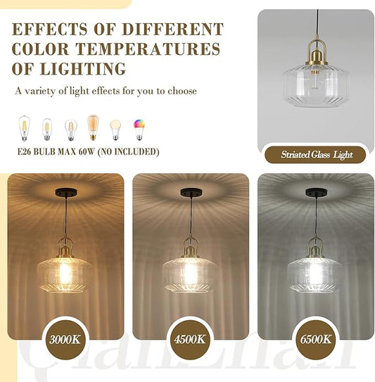 11.8in Mid Century Modern Clear Glass Pendant Light Fixture, Large Gold Kitchen Island Pendants Light Glass Ceiling Hanging Lamp for Foyer Dining Room Bedroom Entryway Hallway Over Sink