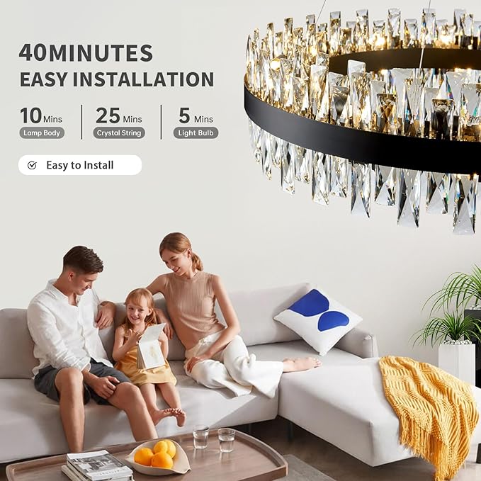 Modern Black Crystal Chandelier Lights, Round K9 Crystal Raindrop Chandelier, Pendant Ceiling Light for Dining Living Room Bedroom Entryway, Diameter 30 inches