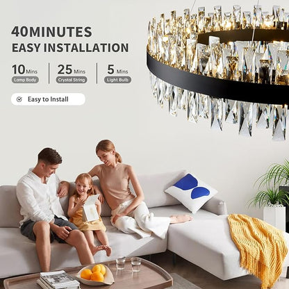 Modern Black Crystal Chandelier Lights, Round K9 Crystal Raindrop Chandelier, Pendant Ceiling Light for Dining Living Room Bedroom Entryway, Diameter 30 inches