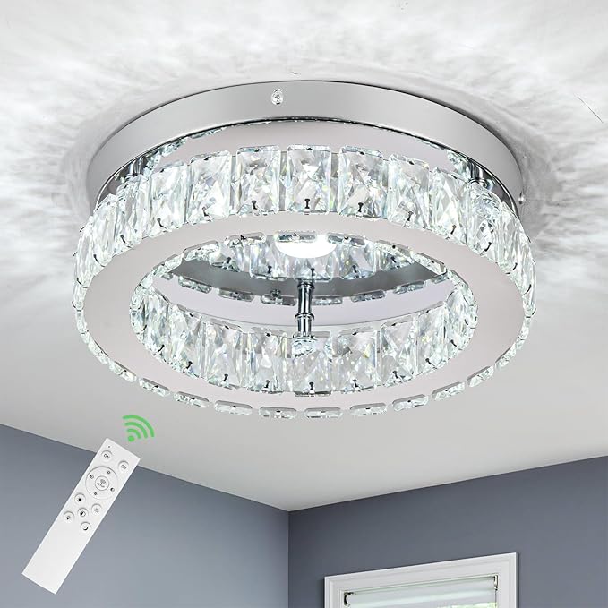 HOPGGIE 12 Inch Crystal Chandeliers LED Ceiling Light Flush Mount Ceiling Light Fixtures Modern Chandelier Light for Kitchen Closet Hallway Bedroom Foyer Laundry Room (Dimmable)