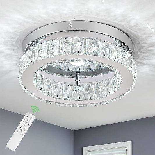 HOPGGIE 12 Inch Crystal Chandeliers LED Ceiling Light Flush Mount Ceiling Light Fixtures Modern Chandelier Light for Kitchen Closet Hallway Bedroom Foyer Laundry Room (Dimmable)
