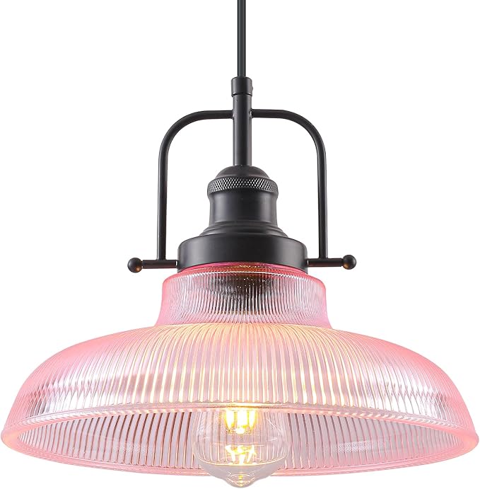 Pink Glass Pendant Lights Kitchen Island 1 Pack, 12-inch Ribbed Glass Kitchen Pendant Lights, Farmhouse Pendant Lighting Over Island, Sink, Bar, Vintage Pendant Light for Dining Room