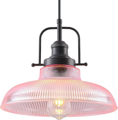 Pink Glass Pendant Lights Kitchen Island 1 Pack, 12-inch Ribbed Glass Kitchen Pendant Lights, Farmhouse Pendant Lighting Over Island, Sink, Bar, Vintage Pendant Light for Dining Room