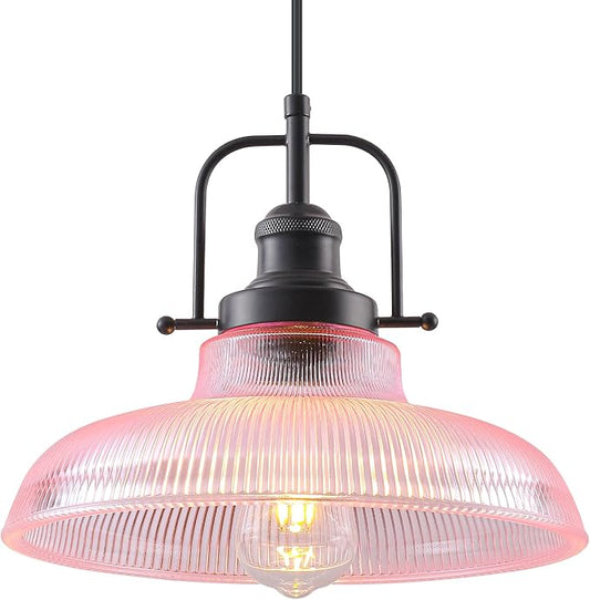 Pink Glass Pendant Lights Kitchen Island 1 Pack, 12-inch Ribbed Glass Kitchen Pendant Lights, Farmhouse Pendant Lighting Over Island, Sink, Bar, Vintage Pendant Light for Dining Room