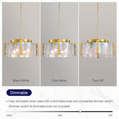 Modern Round Chandeliers for Dining Room: 4-Light Brushed Gold Drum Lights Entryway Light Fixture Hanging - kitchen Chandelier Over Table - Stained Glass Lamp for Bedroom Living Room Foyer Bathroom