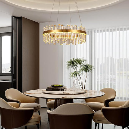 Modern Gold Crystal Led Chandelier: 23.6" Round 3 Color Dimmable K9 Luxury Crystals Chandeliers for Dining Room Lights over Table - Elegant Contemporary Living Room Bedroom Kitchen Light with Remote