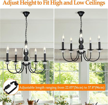 Black Chandelier, 5-Light Farmhouse Candle Chandelier for Living Room, Rustic Industrial Pendant Chandeliers for Dining Room, Vintage Crystal Hanging Light fixture for Hallway Kitchen Foyer E12