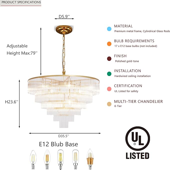 Modern Multi-Tier Crystal Chandelier 6-Tier Round Gold Finish Ceiling Light -Cylindrical Glass Rods -Dining Room Living Room Bedroom Entryway -Luxury Lighting Fixture 35.5''