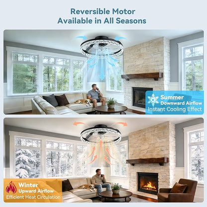 AIKVSXER Ceiling Fans with Lights,20 Inch Low Profile Fandelier with APP Control, Ultra Quiet,3CCT and 6 Wind Speeds for Bedroom, Living Room Modern Flush Mount Fan Light (Black, 20inch-Crystal Fold)
