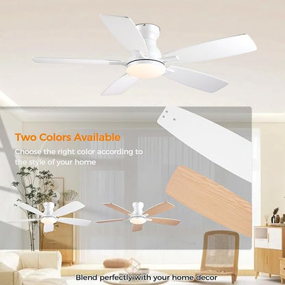JSAITEE 46in Ceiling Fans with Lights - Flush Mount Low Profile Ceiling Fan with DC Motor, 6 Speeds 3CCT Dimmable, Modern Indoor Fan Light Fixtures for Bedroom, Kitchen, White