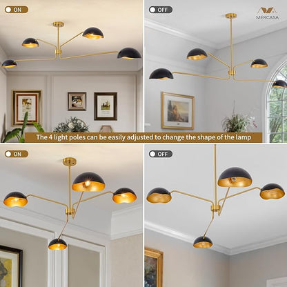 Modern Chandelier Large 55" Black and Gold Sputnik Chandeliers 4 Lights Mid Century Ceiling Pendant Light Fixture Luxury Metal for Dining Room Foyer Staircase