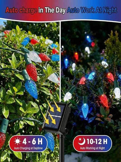 ITICdecor C6 Solar String Lights Outdoor Waterproof, 23FT 50LED Solar Strawberry Lights Decoration for 4th of July, 8 Lighting Mode for Tree Patio Party Decor(Red White&Blue)