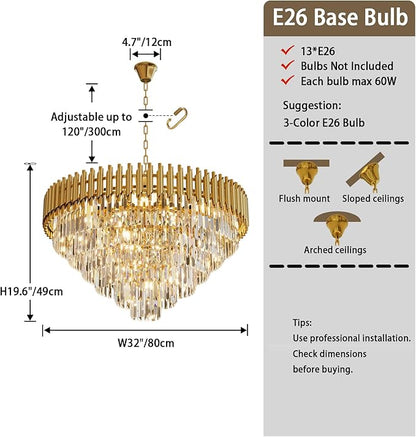 32 inch Gold Crystal Chandelier 6-Tier Modern Luxury Pendant Light Fixture for High Ceiling 13-Light Large K9 Crystal Lighting for Foyer Living Room Dining Room