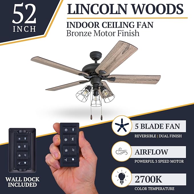 Prominence Home Lincoln Woods, 52 Inch Industrial Style LED Ceiling Fan with Light, Remote Control, Three Mounting Options, 5 Dual Finish Blades, Reversible Motor - 50745-01 (Bronze)