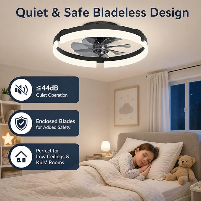 19" Low Profile Ceiling Fan with Lights and Remote, Modern Black Flush Mount Bladeless Ceiling Fan, App Control Smart Fandelier, 6 Speeds Reversible Motor, Dimmable LED Fan Light for Bedroom, Kitchen