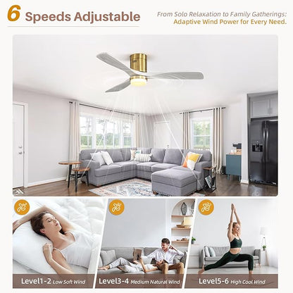 CACI Mall Smart 52 inch Wood Flush Mount Ceiling Fans with Lights and Remote, 3 Blades, Low Profile, Modern, Compatible with Alexa/Google/App, Outdoor Indoor Ceiling Fans for Bedroom/Farmhouse/Patio