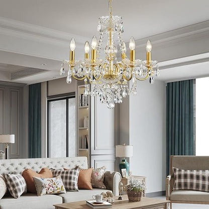 AGV LIGHTING Crystal Chandeliers Light Fixture, Mid-Century Style, Perfect for Living Space, 6-Light Sockets, D21 x H20, Adjustable Chains 59", Shinny Gold Frame