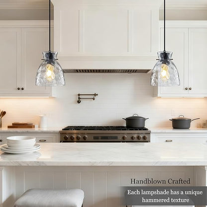 Hammered Glass Black Pendant Lights Kitchen Island Lighting, Small Hand-blown Glass Black Farmhouse Pendant Light Fixtures, Modern Hanging Lights Kitchen Pendant Lighting over Island Sink Bathroom E26