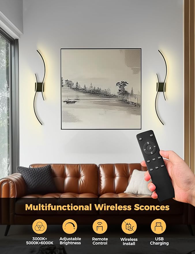 DORESshop Battery Operated Wall Sconces Set of 2, Modern Wireless Rechargeable Wall Lights with Stepless Dimming,3000k-6000K, Sconce Wall Decor for Living Room, Hallway, Bedroom, Black 39in