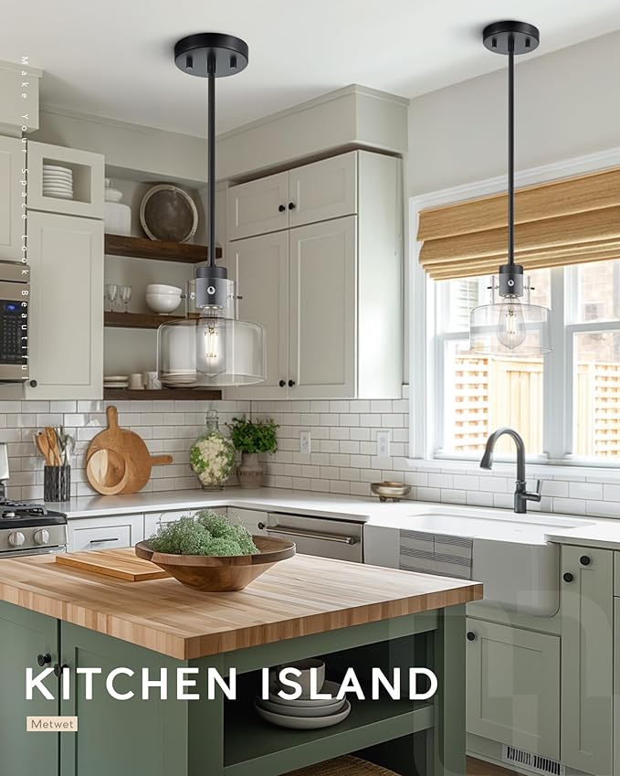 Matte Black Pendant Lights Kitchen Island, 6" Pendant Light Fixtures Over Island with Clear Glass Shade, Modern Kitchen Island Lighting for Dining Room Entryway, PL124-MB-G-1PK
