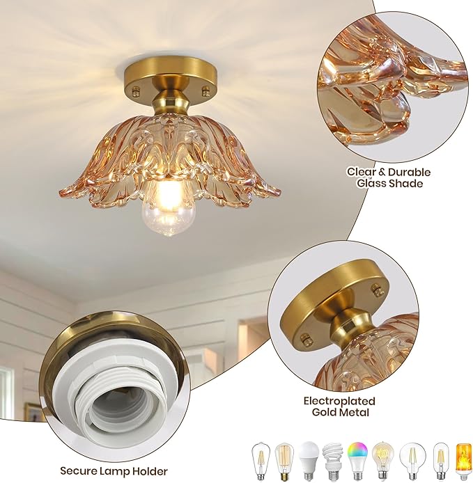 Vintage Semi Flush Mount Ceiling Light, Glass Semi Flush Mount Ceiling Light with Amber Floral Glass Shade, Gold Metal E26 Vintage Flush Mount Ceiling Light for Kitchen Dining Room Bedroom Hallway