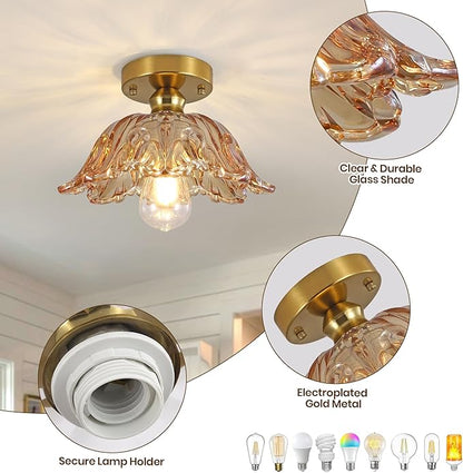 Vintage Semi Flush Mount Ceiling Light, Glass Semi Flush Mount Ceiling Light with Amber Floral Glass Shade, Gold Metal E26 Vintage Flush Mount Ceiling Light for Kitchen Dining Room Bedroom Hallway