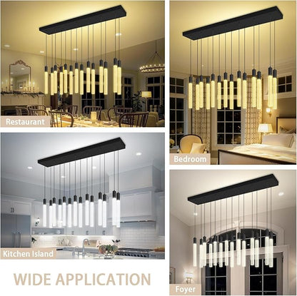 Modern Rectangular Crystal Chandelier Led 14-Light Black Crystal Column Chandelier for Staircase, Living Room, Foyer, Hallway