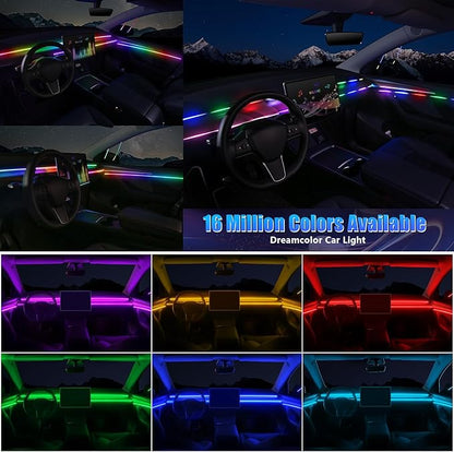 Acrylic Interior Car LED Strip Light with Wireless APP, RGB Dreamcolor 6 in 1 with 175 inches 600 LEDs Fiber Optic Strip Lights for Car, Dynamic Chasing Sound Active Neon Car Ambient Lighting Kits